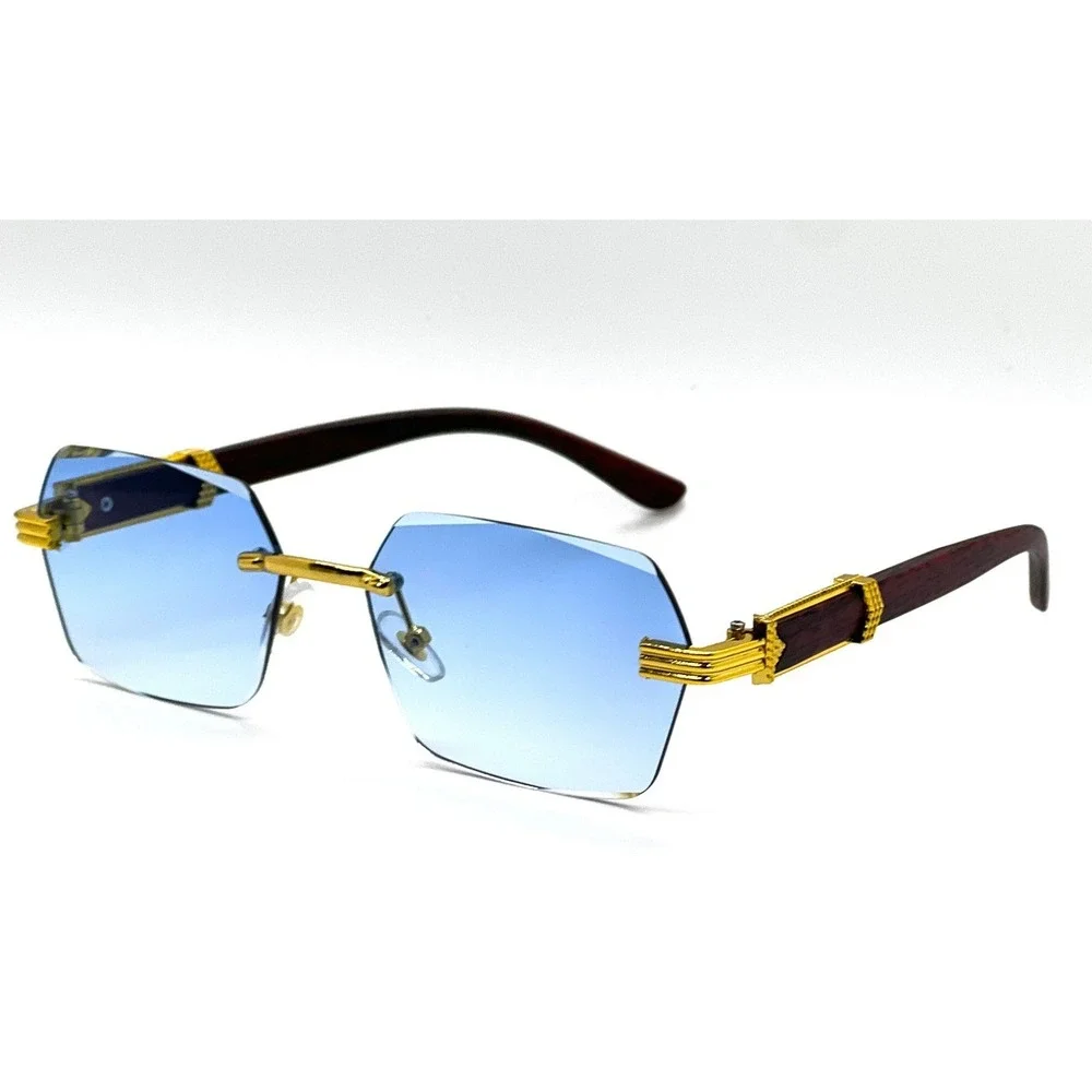 Rimless Sunglasses Men Designer Luxury Gold Frame Blue Lens Fashion Shades Gafas